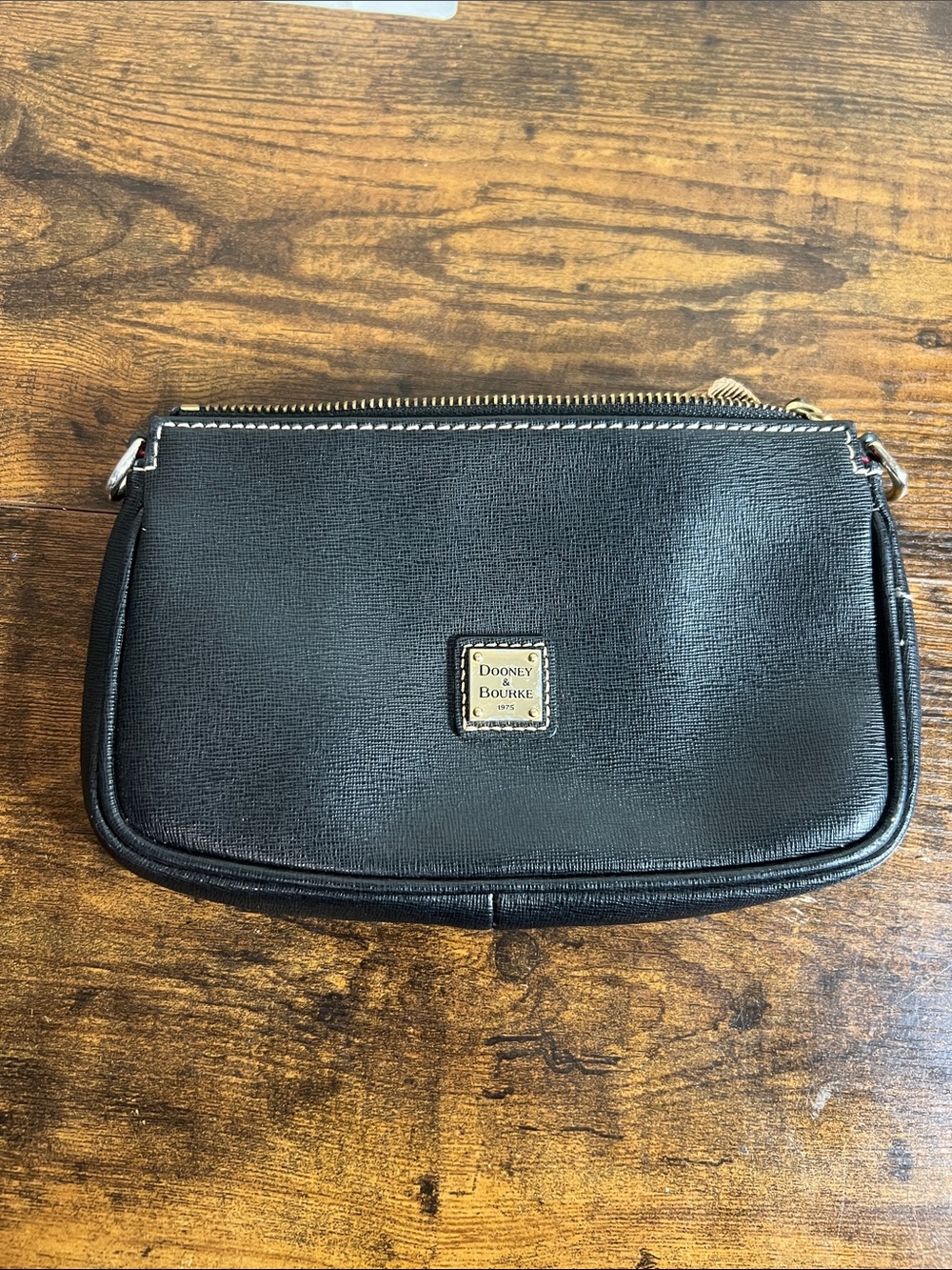 Dooney & Bourke Black Leather Zip Wristlet with Gold Logo